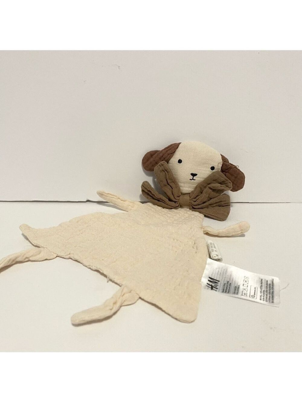 H&M Beige Tan Muslin Puppy Dog Security Blanket Baby Lovey Brown Ears Bow